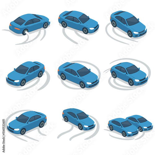 Drift Techniques Icons. Isometric Flat icon set of drift techniques and maneuvers: power oversteer, feint entry, clutch kick,