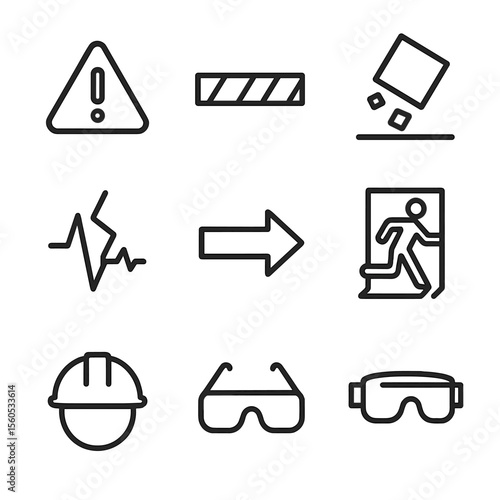 Safety Hazard Icons. Outline icon set of safety and hazard prevention: warning triangle, hazard tape, falling debris warning, gas