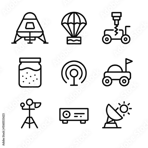 Martian Exploration Icons. Outline icon set of Martian exploration tools: landing module, parachute descent, surface drill,