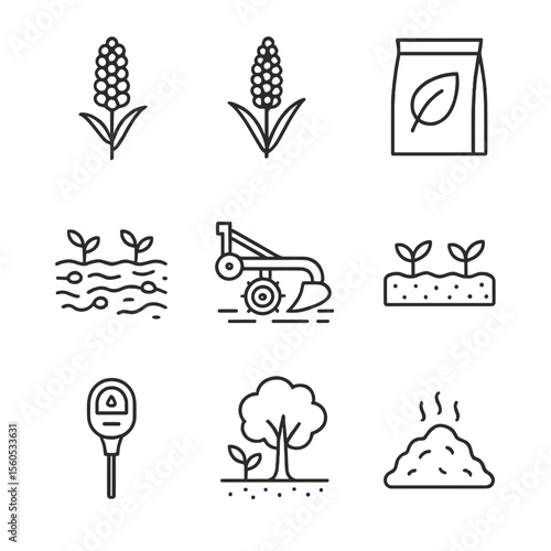 Drought-Resistant Crop Icons. Outline icon set of drought-resistant crop cultivation: sorghum stalk, millet ear, seed packet,