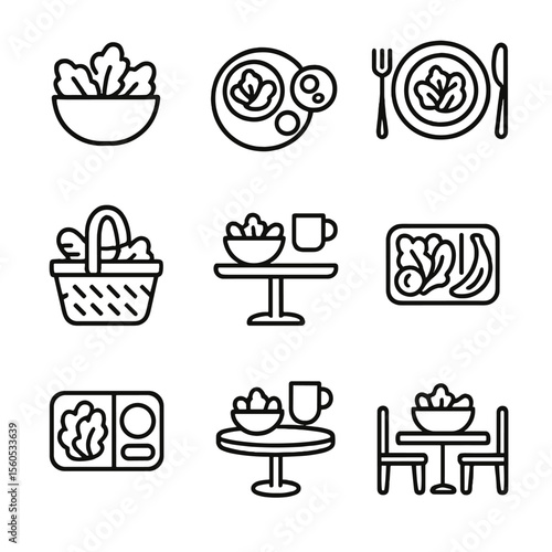 Salad Bowl Icon Set. Outline icon set of salad bowl accompaniments: side salad, appetizer plate, dinner table, picnic basket,