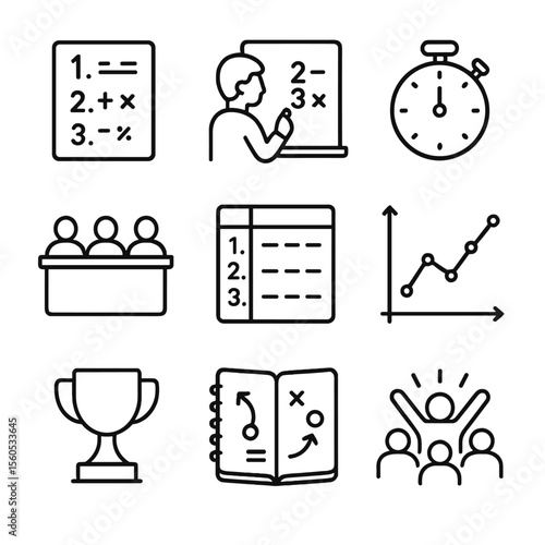 Math Competition Icons. Outline icon set of math competition practice on whiteboards: numbered problems sheet, contestant writing,