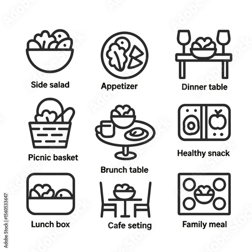 Salad Bowl Icon Set. Outline icon set of salad bowl accompaniments: side salad, appetizer plate, dinner table, picnic basket,