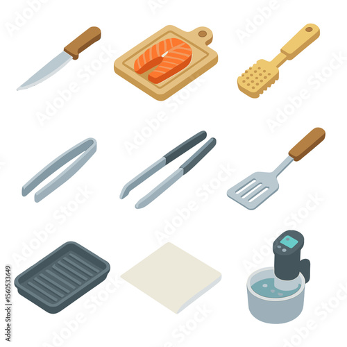 Salmon Prep Tools. Isometric Flat icon set of salmon preparation tools and utensils: fillet knife, cutting board, fish scaler,