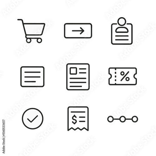 E-Commerce Checkout Icons. Outline icon set of e-commerce checkout process: shopping cart, checkout button, billing address form,