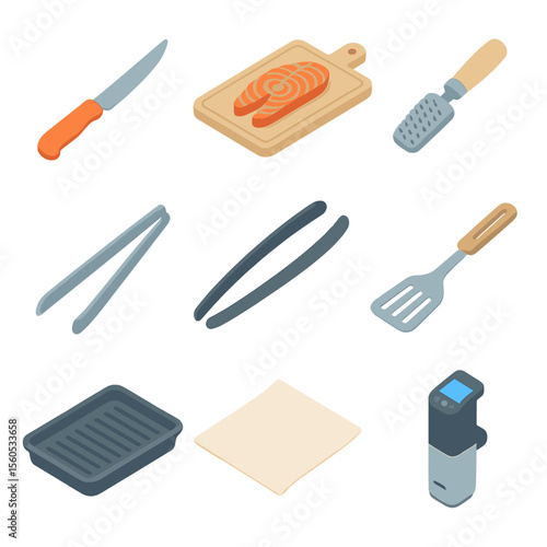 Salmon Prep Tools. Isometric Flat icon set of salmon preparation tools and utensils: fillet knife, cutting board, fish scaler,