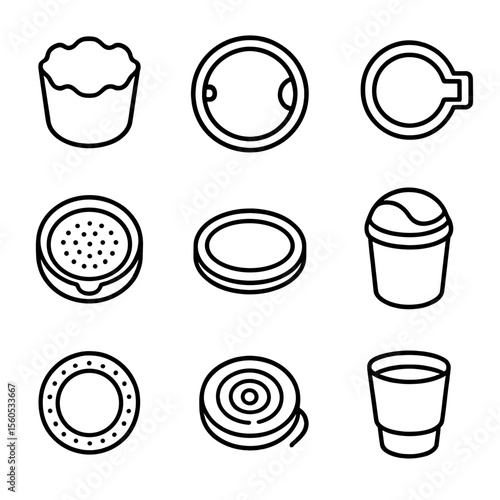Cup Holder Accessories. Outline icon set of cup holder accessories: removable silicone liner, spill-proof lid clip, straw slot
