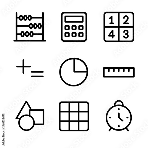 Math Puzzle Icons. Outline icon set of math puzzle games: abacus, calculator, number block, equation symbol, pie chart, ruler,