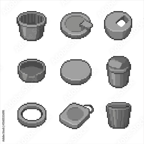 Cup Holder Accessories Icons. Pixel art icon set of cup holder accessories: removable silicone liner, spill-proof lid clip, straw