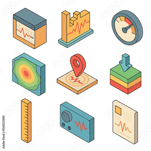 Earthquake Measurement Icons. Isometric Flat icon set of earthquake magnitude and measurement: Richter scale gauge, moment