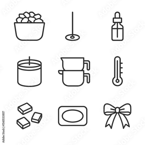 Scented Candle Icons. Outline icon set of Homemade Scented Candles: soy wax flakes, candle wick, fragrance oil, candle jar, double