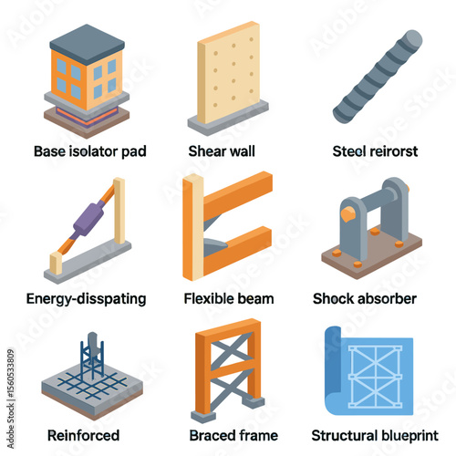 Earthquake-Resistant Building Icons. Isometric Flat icon set of earthquake-resistant building design: base isolator pad, shear