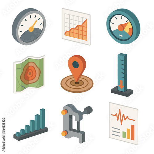 Earthquake Measurement Icons. Isometric Flat icon set of earthquake magnitude and measurement: Richter scale gauge, moment