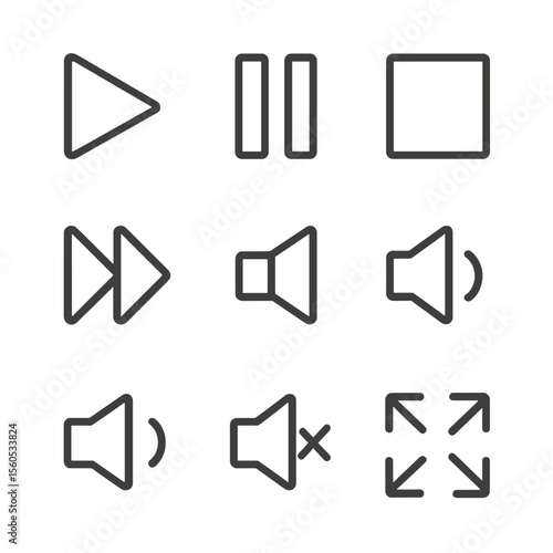 Media Control Icons. Outline icon set of media control buttons: play triangle, pause double bar, stop square, forward chevron,