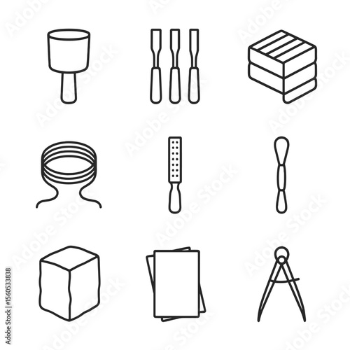Sculpture Tools Icons. Outline icon set of traditional sculpture tools: sculpting mallet, chisels, modeling clay, armature wire,
