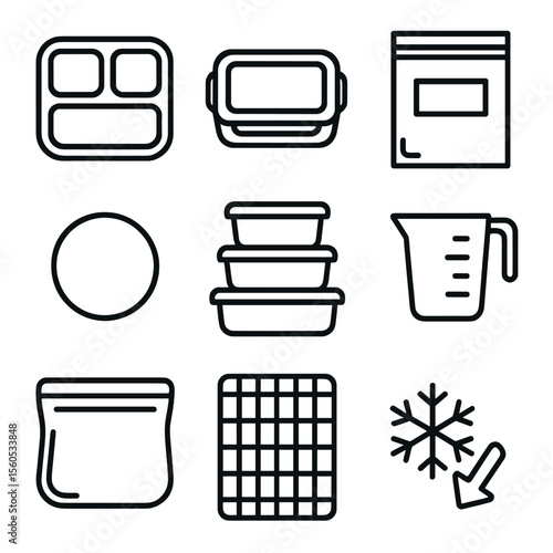 Meal Prep Icons. Outline icon set of meal prep leftovers storage: portioned meal tray, airtight lid, freezer bag, date sticker,