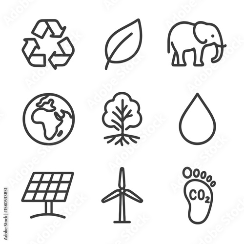 Eco Icon Outline. Outline icon set of environmental and ecological symbols: recycling logo, green leaf, endangered animal
