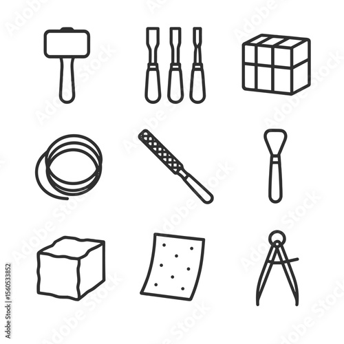 Sculpture Tools Icons. Outline icon set of traditional sculpture tools: sculpting mallet, chisels, modeling clay, armature wire,