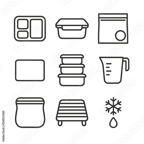 Meal Prep Storage Icons. Outline icon set of meal prep leftovers storage: portioned meal tray, airtight lid, freezer bag, date
