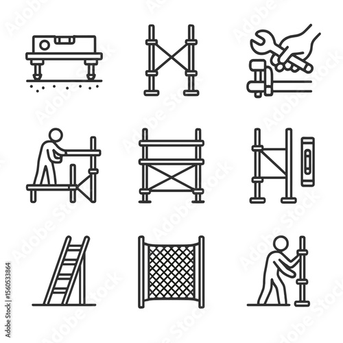 Scaffold Process Icons. Outline icon set of Scaffold Erection and Dismantling Process: foundation leveling, tube alignment,