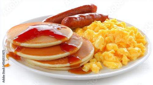 Pancakes with maple syrup, sausages and scrambled eggs for breakfast