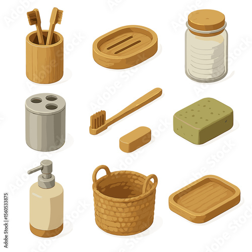 Eco Bathroom Accessories. Isometric Flat icon set of eco-friendly bathroom accessories: bamboo toothbrush holder, wooden soap dish
