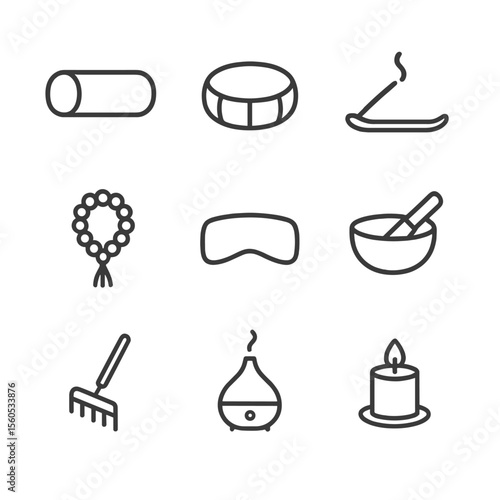 Meditation Icon Set. Outline icon set of meditation props: yoga bolster, meditation cushion, incense stick, singing bowl, mala
