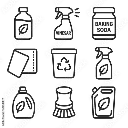 Eco Cleaning Icons Set. Outline icon set of Eco-Friendly Cleaning Products: biodegradable soap bottle, vinegar spray, baking soda