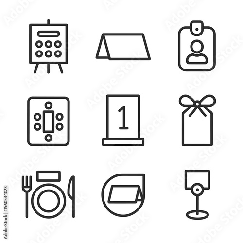 Seating Icon Set. Outline icon set of seating chart and place cards: seating chart board, place card, name tag, table number,
