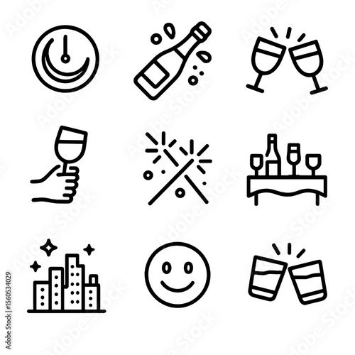 Midnight Festivity Icons. Outline icon set of Midnight festivities: moon clock, champagne splash, cheers gesture, sparklers,