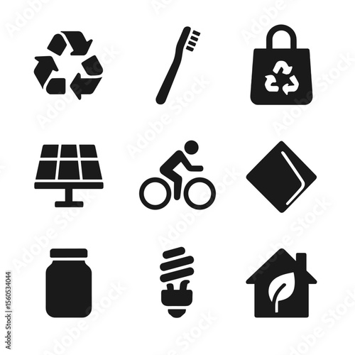 Eco-Friendly Icon Set. Solid, filled icon set of eco-friendly living: recycling icon, bamboo toothbrush, reusable bag, solar panel