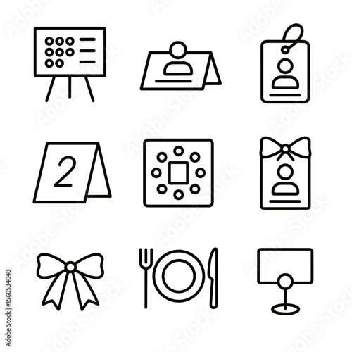 Seating Icon Set. Outline icon set of seating chart and place cards: seating chart board, place card, name tag, table number,