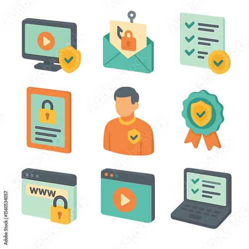 Security Training Icons. Isometric Flat icon set of security awareness training: training video screen, phishing email example,