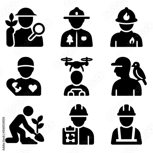 Ecosystem Restoration Icons. Solid, filled icon set of ecosystem restoration teams: ecologist, forest ranger, fire crew,