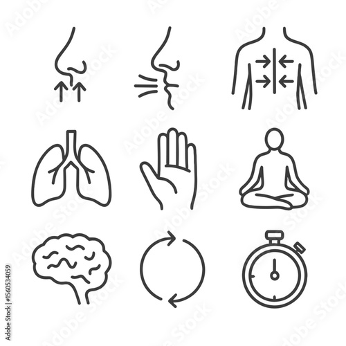 Mindful Breathing Icons. Outline icon set of mindful breathing exercises: nose inhale icon, mouth exhale flow, diaphragm expansion