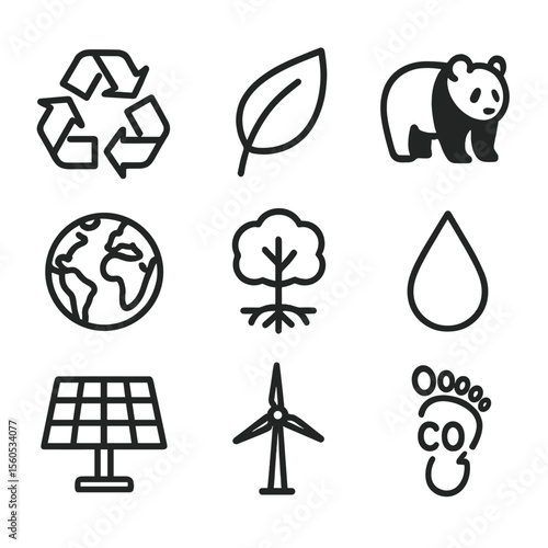 Eco Icon Outline. Outline icon set of environmental and ecological symbols: recycling logo, green leaf, endangered animal