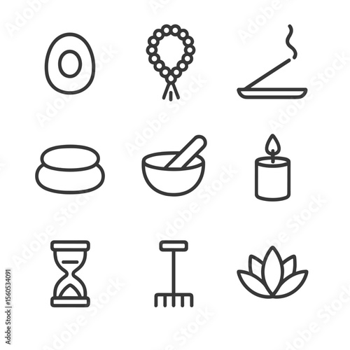 Mindful Meditation Icons. Outline icon set of mindful meditation tools: focus stone, mala beads, incense stick, meditation cushion