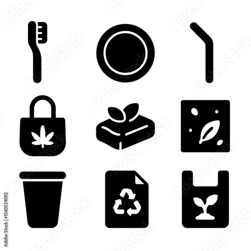 Eco-Friendly Icon Grid. Solid, filled icon set of eco-friendly products: bamboo toothbrush, biodegradable plate, reusable straw,