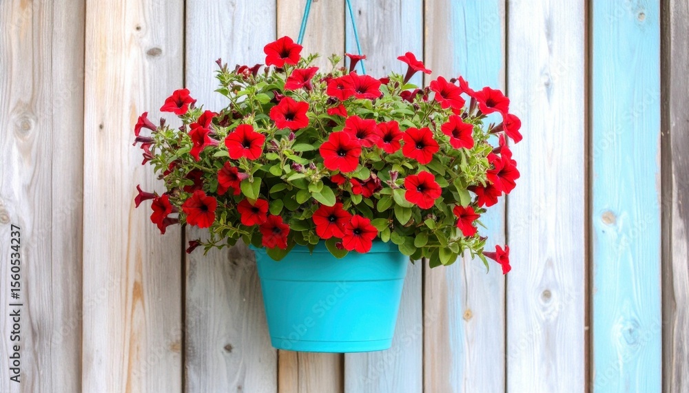 Fototapeta premium Deep red ampelous mini petunia flowers in turquoise blue pot against wooden wall background.