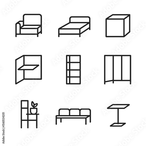 Modular Furniture Icons. Outline icon set of modular furniture systems: sofa module, bed unit, storage cube, fold-out desk,