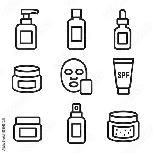 Skincare Icons Grid. Outline icon set of Skincare Product Display: cleanser pump, toner bottle, serum vial, moisturizer jar, face