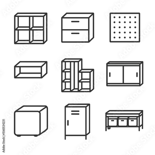 Modular Storage Icons. Outline icon set of modular storage units: cube shelf, stackable drawer, pegboard panel, floating cubby,