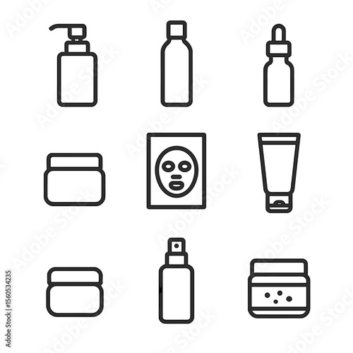 Skincare Icons Grid. Outline icon set of Skincare Product Display: cleanser pump, toner bottle, serum vial, moisturizer jar, face