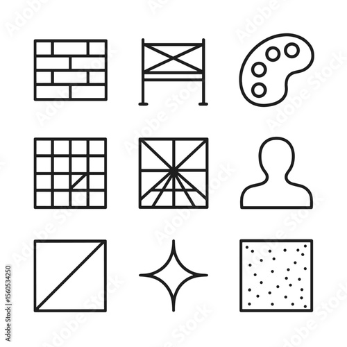 Mural Design Elements. Outline icon set of mural design elements: brick wall, scaffolding, color palette, sketch grid, perspective