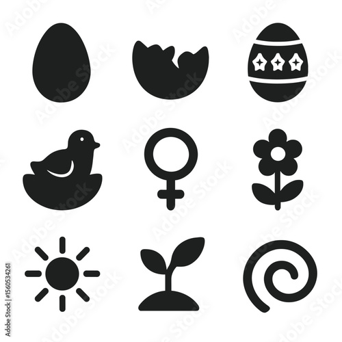 Egg Symbology Grid. Solid, filled icon set of egg symbolism and art: egg shape, cracked shell, painted egg, nesting bird,