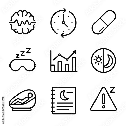 Sleep Icon Set. Outline icon set of sleep and circadian rhythms: sleeping brain wave, circadian clock, melatonin pill, sleep mask,