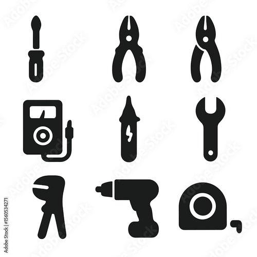 Electrical Tools Icons. Solid, filled icon set of tools used by electrical repair workers: screwdriver, pliers, wire cutter,