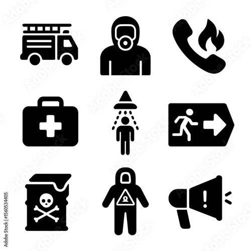 Emergency Response Icons. Solid, filled icon set of emergency response to chemicals: fire truck, hazmat team, emergency phone,