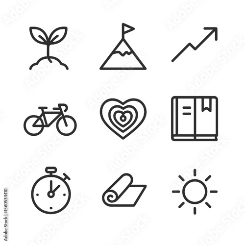 Mutual Growth Icons. Outline icon set of mutual growth and support: germinating plant, mountain peak, rising arrow, tandem bicycle