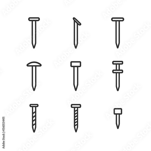 Nail Types Icons. Outline icon set of nail types: common nail, finishing nail, brad nail, roofing nail, masonry nail, duplex nail,